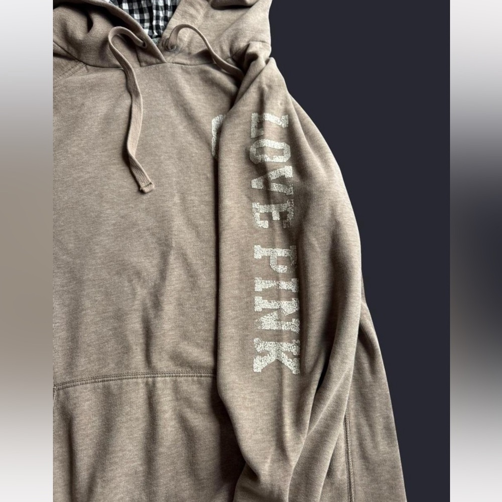 PINK Victoria's Secret Beige Hoodie with Checkered Lining - Picture 3 of 6